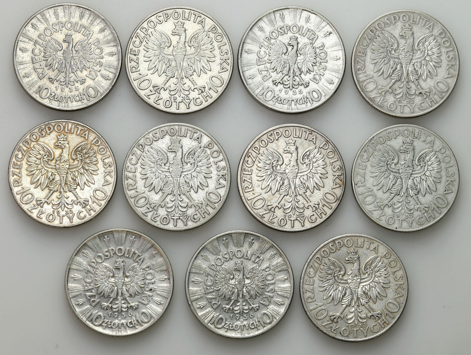 II RP. 10 złotych 1932 – 1936, zestaw 11 monet